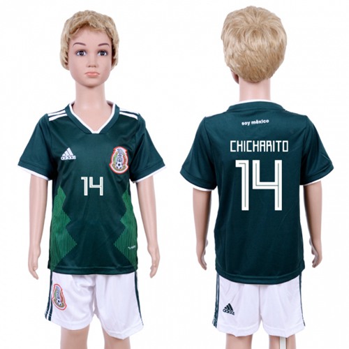 Mexico #14 Chicharito Home Kid Soccer Country Jersey - Click Image to Close